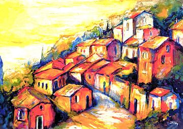 Impressionistisch schilderij van een  dorpje in Italië.