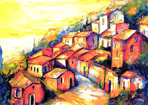 Impressionistisches Gemälde eines Dorfes in Italien.