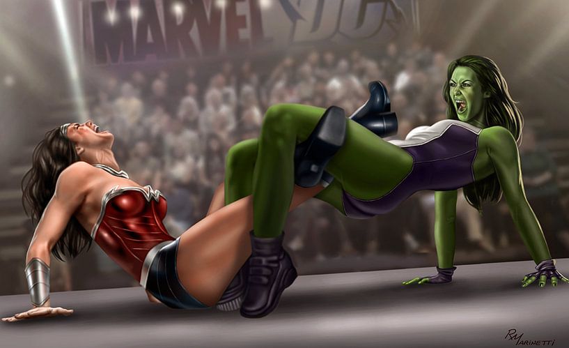 Combat entre Wonder Woman et She Hulk, peinture numérique par Atelier Liesjes