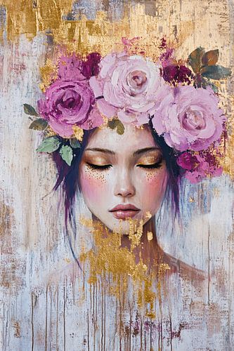 Vrouw met roze bloemenkrans