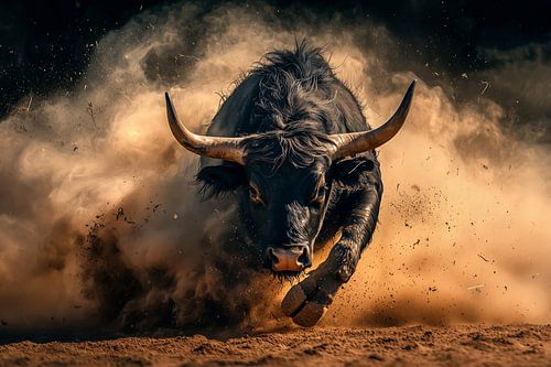 Krachtige stier in een storm van passie