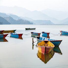 Kleurrijke bootjes op het Phewa meer in Pokhara Nepal. van Ron van der Stappen