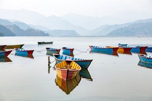 Bateaux colorés sur le lac Phewa à Pokhara, au Népal.