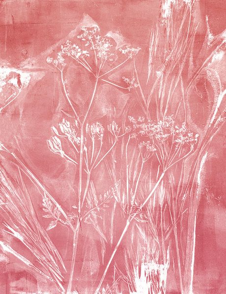 Botanical art in wabi-sabi style. Warm red and white. by Dina Dankers
