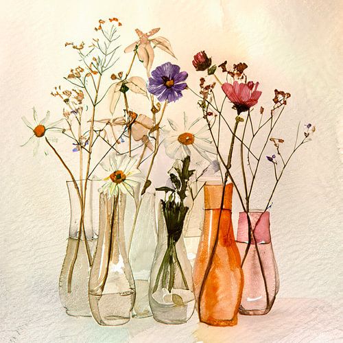 Elegant schilderij: Rij vaasjes met veldbloemen