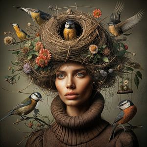 Vogelnest en bloemen vrouwelijk portret