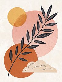 Minimalistische Boho Sonne und Mond mit botanischem Zweig und Wolken Kunst von Artistic
