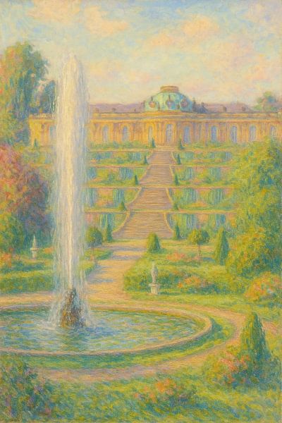 Das Erwachen von Sanssouci - Der Brunnen und die Terrassen in der Morgendämmerung von Travel Shop