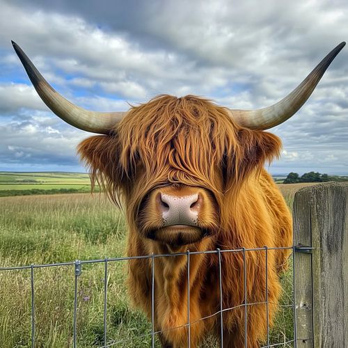 Scottish Highland cattle peer curiously over pasture fence