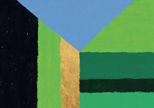 Minimalist blocks of colour in green, blue and gold