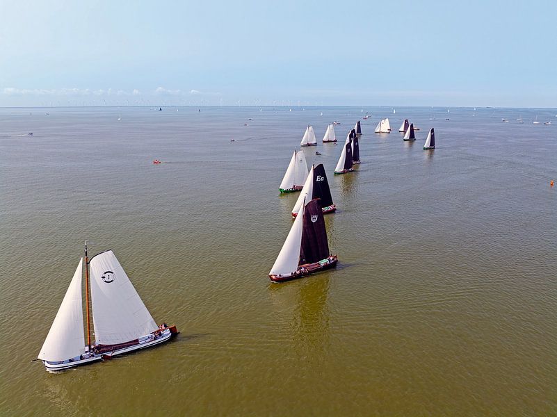 Aerial view of a skutsjessilen competition on hot IJsselmeer near Hindeloopen in Friesland Netherlands by Eye on You