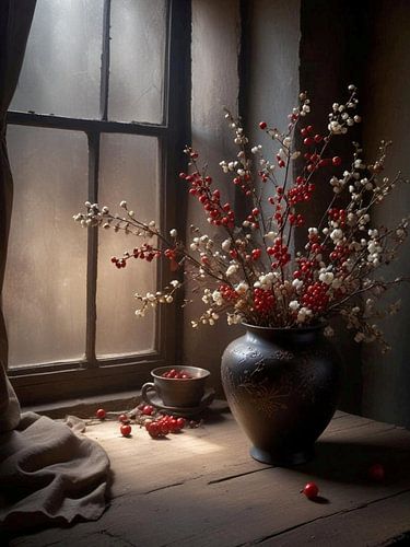 Oude meester stijl vaas met bloemen.