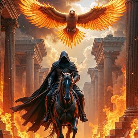 PYROPHOEN - Ein Krieger und ein Phönix durchqueren einen zerstörten Tempel von INFERAURUM