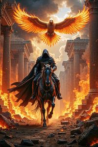 Dark Fantasy Wandbild: PYROPHOEN - Ein Krieger und ein Phönix durchqueren einen zerstörten Tempel