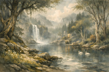 Romantisch meer in het bos met waterval – Idyllisch landschapsschilderij in olieverf
