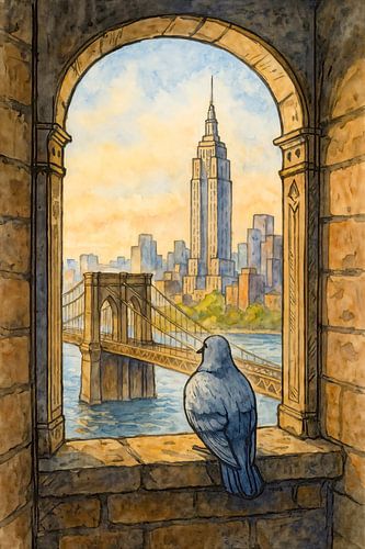 Duif bij romaans raam met uitzicht Empire State Building en Brooklyn Bridge (AI) (skyline, Manhattan, New York, Amerika, aquarel, schilderij )