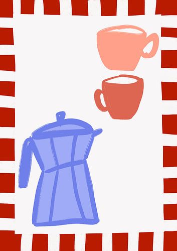 Minimalistische blaue Kaffeekanne und zwei rosa Tassen