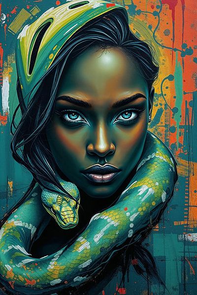 Portrait - Beauté avec serpent vert - Mythologie par Liona Toussaint