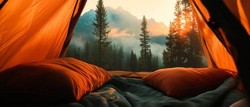 Uitzicht in de tent op het berglandschap bij zonsopgang