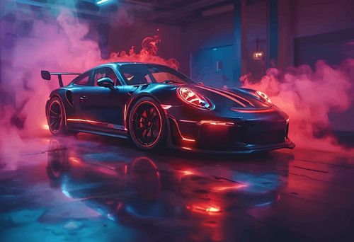 Porsche 911 GT3 RS zwart en rood neon rookshowroom kunst