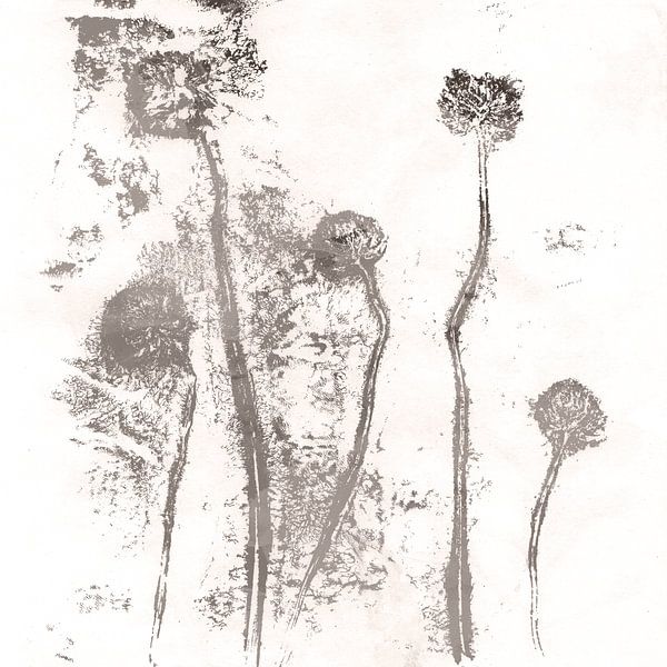 Abstrakte botanische Kunst. Blumen in neutralen Pastellfarben. Kleeblätter in Taupe auf Weiß von Dina Dankers