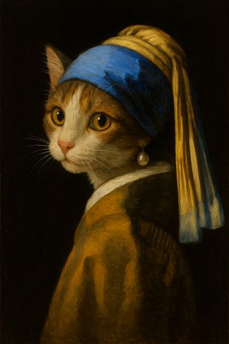 Chat avec une perle - Élégance classique avec un clin d'œil