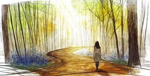 Frau auf Frühlingspfad im Wald