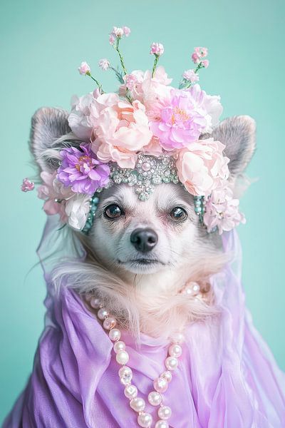 Chihuahua in floral jewellery and purple scarf by Poster Art Shop