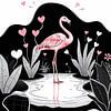 Bunter Flamingo auf schwarzem & weißer Teich - eleganter Kontrast von MIROKKU