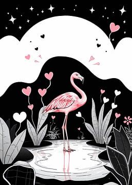 Bunter Flamingo auf schwarzem & weißer Teich - eleganter Kontrast von MIROKKU