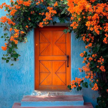 Blooming door in blue and orange by Poster Art Shop