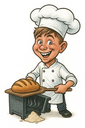 Cheerful Cartoon boy Baker Preparing Freshly Baked Bread Near Rustic Oven