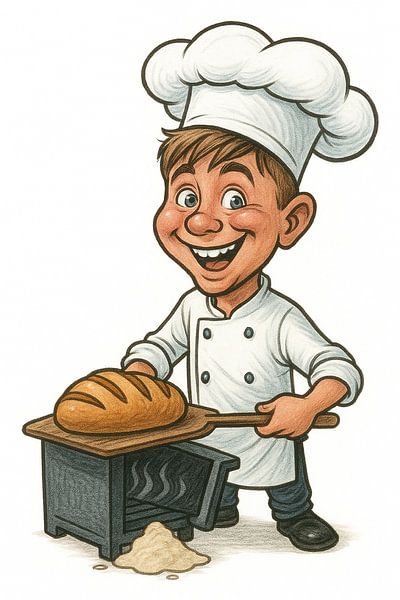 Cheerful Cartoon boy Baker Preparing Freshly Baked Bread Near Rustic Oven by ChrisWillemsen
