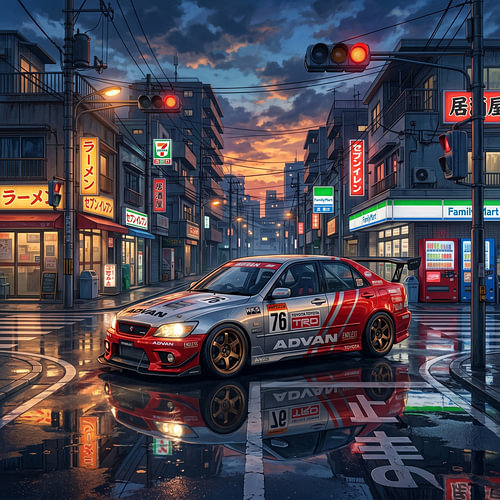 Toyota Altezza TRD ADVAN JTCC JDM Sports Sedan Intersection Twilight Graphic Illustration
