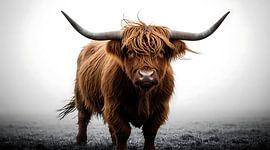 Tableau mural « Vache des Highlands dans la brume », photographie rustique d'animaux de la ferme