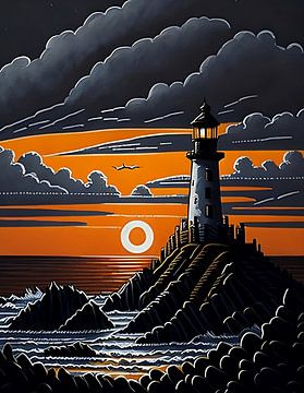 Lighthouse in storm at sunset by Jan Bechtum