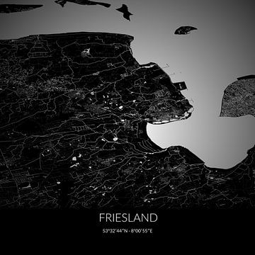 Zwart-witte landkaart van Friesland, Niedersachsen, Duitsland. van Rezona