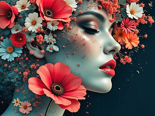 Een portret van een vrouw met rode en witte bloemen
