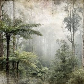 Kunstlandschaft von nebligen Baumfarnen in Neuseeland mit Vintage-Look von BowiScapes Abstrakt und digitale Kunst
