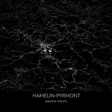 Black and white map of Hamelin-Pyrmont, Lower Saxony, Germany. by Rezona