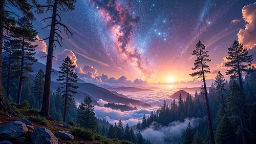 ASTRYON – Starry sky above the sea of fog in the mountains at sunrise
