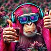 Singe fumant dans un champ de cannabis - Pouce levé pour la vie, l'amour, la musique, un whisky et un mince panache de fumée sur AidasignArt