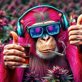 Singe fumant dans un champ de cannabis - Pouce levé pour la vie, l'amour, la musique, un whisky et un mince panache de fumée sur AidasignArt