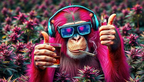 Rokende aap in een cannabisveld - duimen voor het leven, de liefde, muziek, een whisky en een smal rookpluimpje