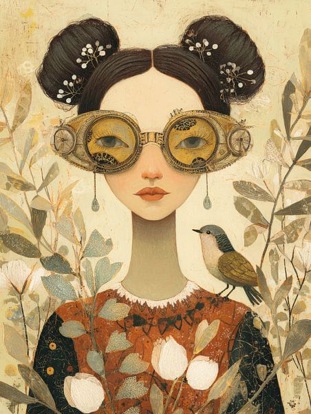 Elegant portrait of woman with gold glasses and songbird among leaves by But First Framing