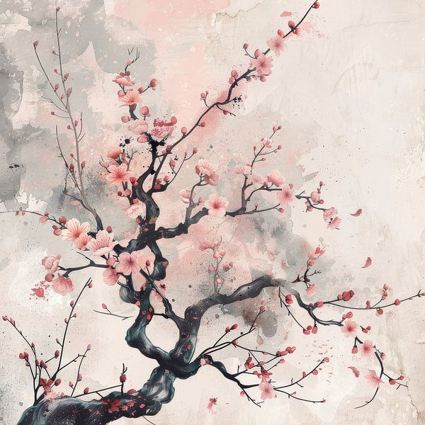 Blossom Asia square white background pink flowers by Digitale Schilderijen