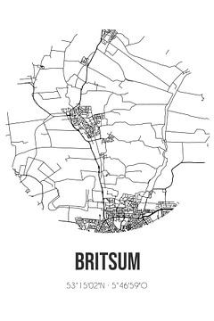 Britsum (Fryslan) | Karte | Schwarz und weiß von Rezona