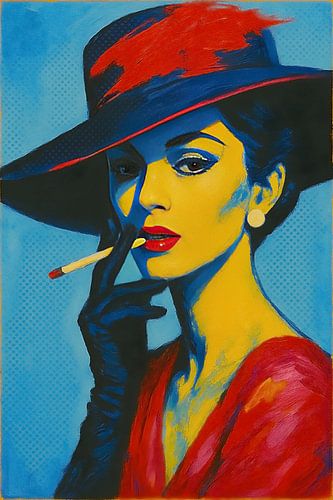 Sierlijke vrouw met hoed en sigaret schilderij.