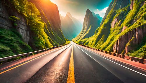 Route avec montagnes et forêts