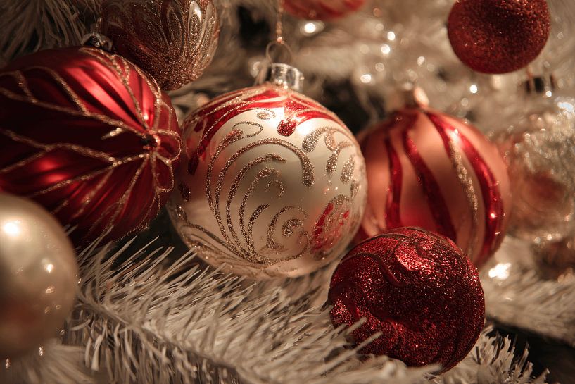 Kerstballen in Wit Goud en Rood Elegantie op Sneeuwtakken van Eva Lee